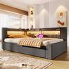 Merax Einzelbett, Polsterbett, Daybett, 90 x 200 cm (180 x 200 cm), Sofabett mit Ziehbett, Mit USB Typ-C Ladefunktion, LED-Beleuchtung, Leinen, Grau Bild 3