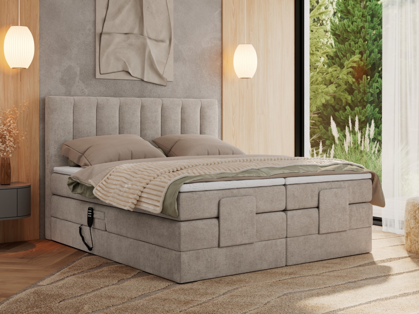 Boxspringbett mit elektrisch verstellbaren Matratzen, zwei Bettkästen und einem Topper - COMFORTO - 140 x 200 cm - Beige Struktur - H3 Bild 1