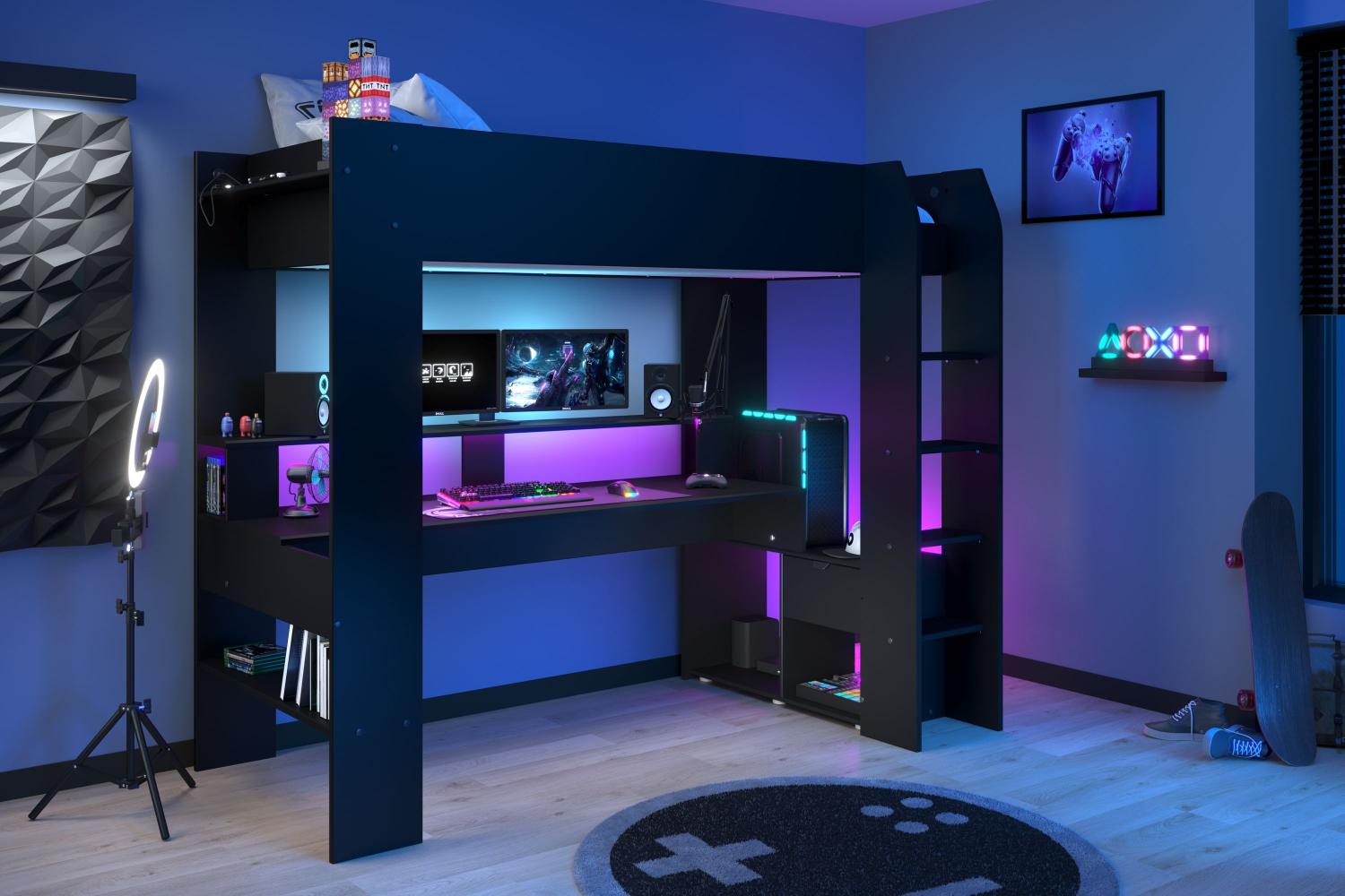 Hochbett Gamer Online 1 Parisot inkl. LED-Beleuchtung + Schreibtisch + Lattenrostplatte 90×200 cm Bild 1