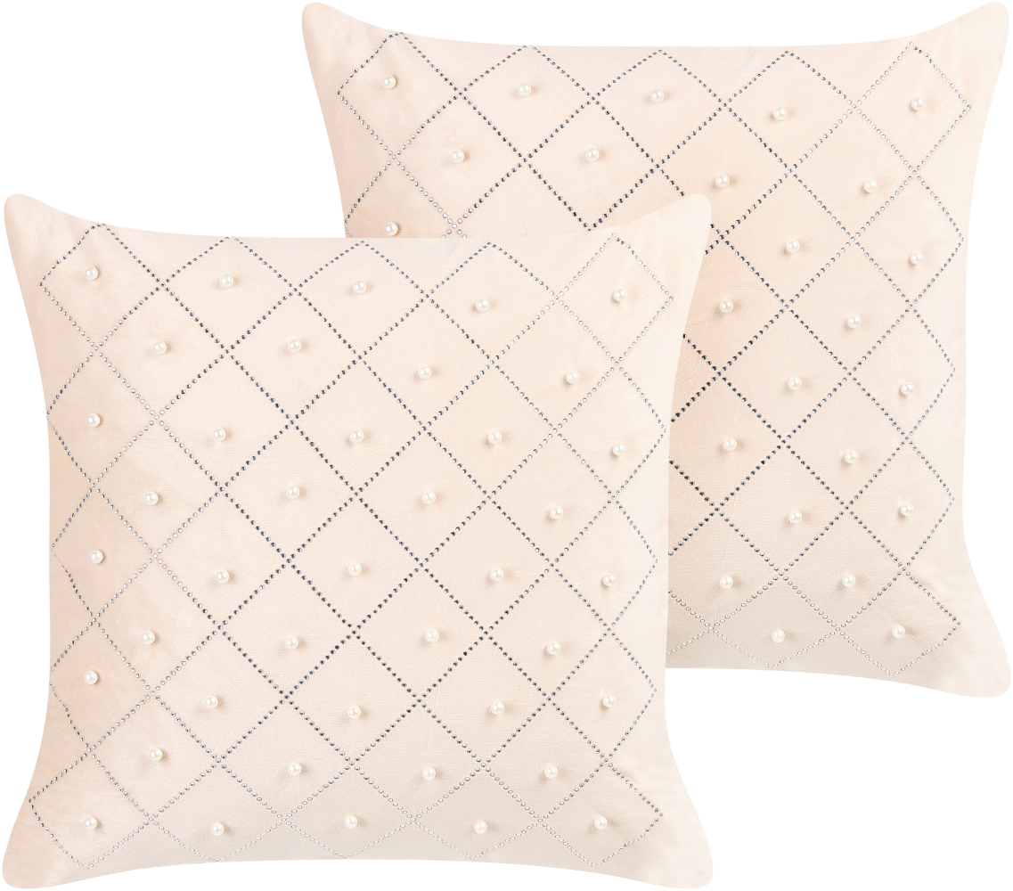 Kissen 2er Set YARROW Samtstoff 45 x 45 cm Geometrisches Muster Beige Bild 1