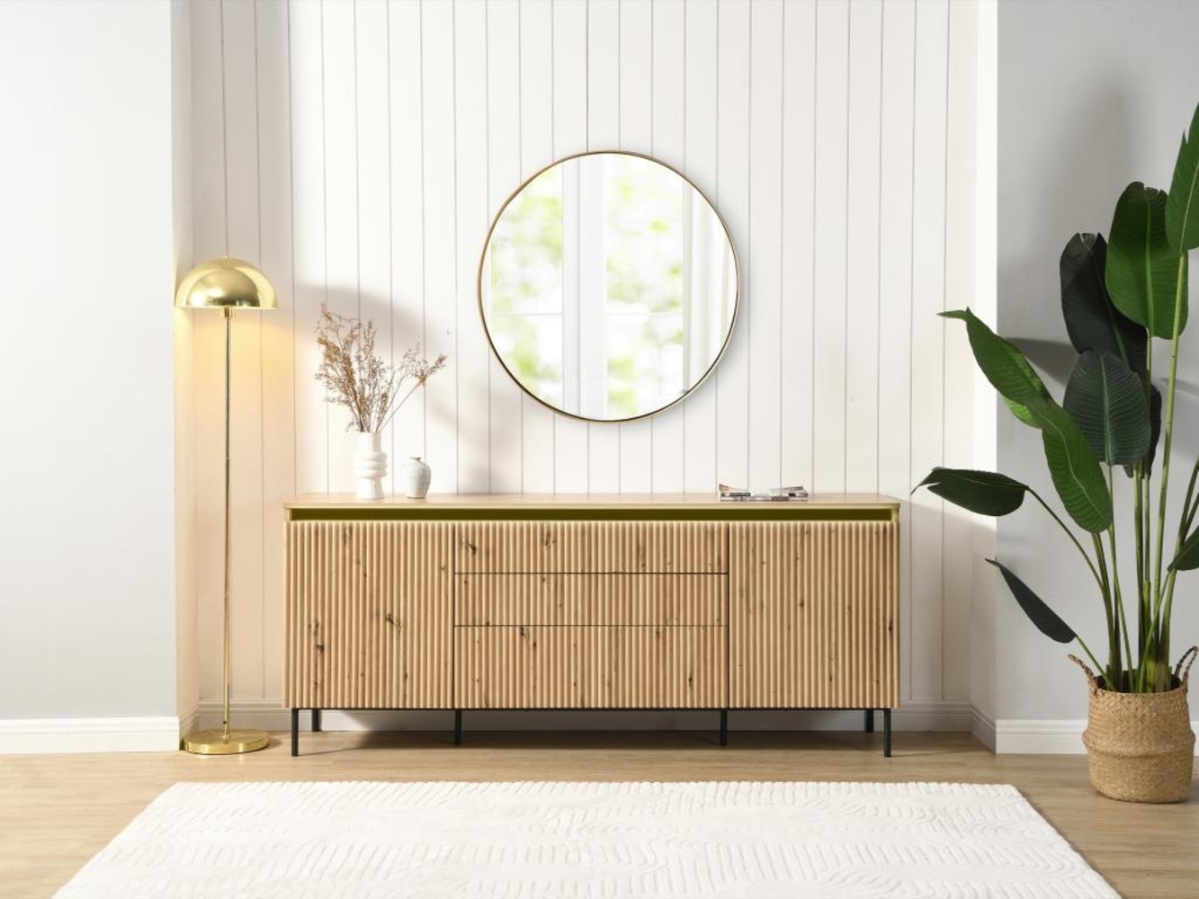 Vente-unique - Sideboard mit 2 Türen & 3 Schubladen - MDF & Metall - Mit LED-Beleuchtung - Holzfarben & Schwarz - VIDALEO Bild 1