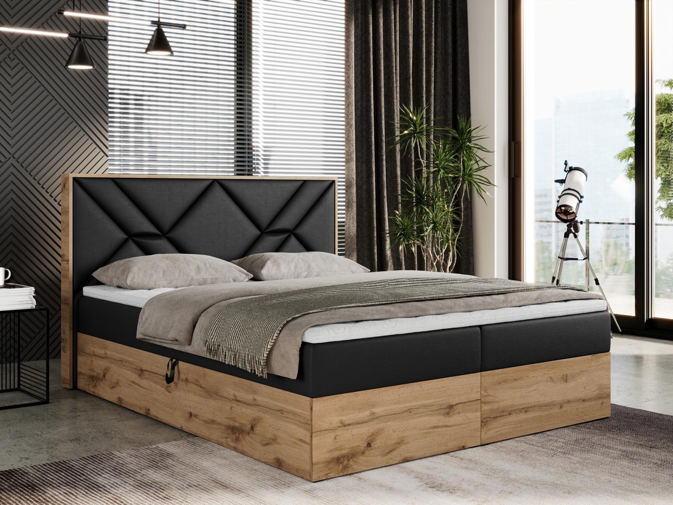 Boxspringbett mit Kopfteil und Topper, Polsterbett - GUNAR - 200 x 200 cm - Schwarz Kunstleder - H3 - Topper T25 Bild 1