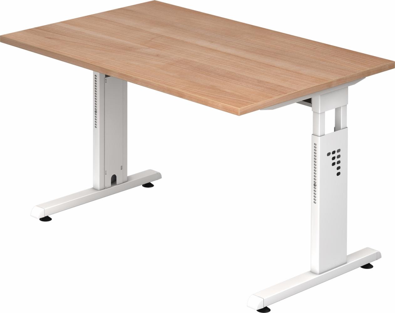 bümö höhenverstellbarer Schreibtisch O-Serie 120x80 cm in Nussbaum, Gestell in weiß - PC Tisch klein für's Büro manuell höhenverstellbar, Computertisch verstellbar, OS-12-N-W Bild 1