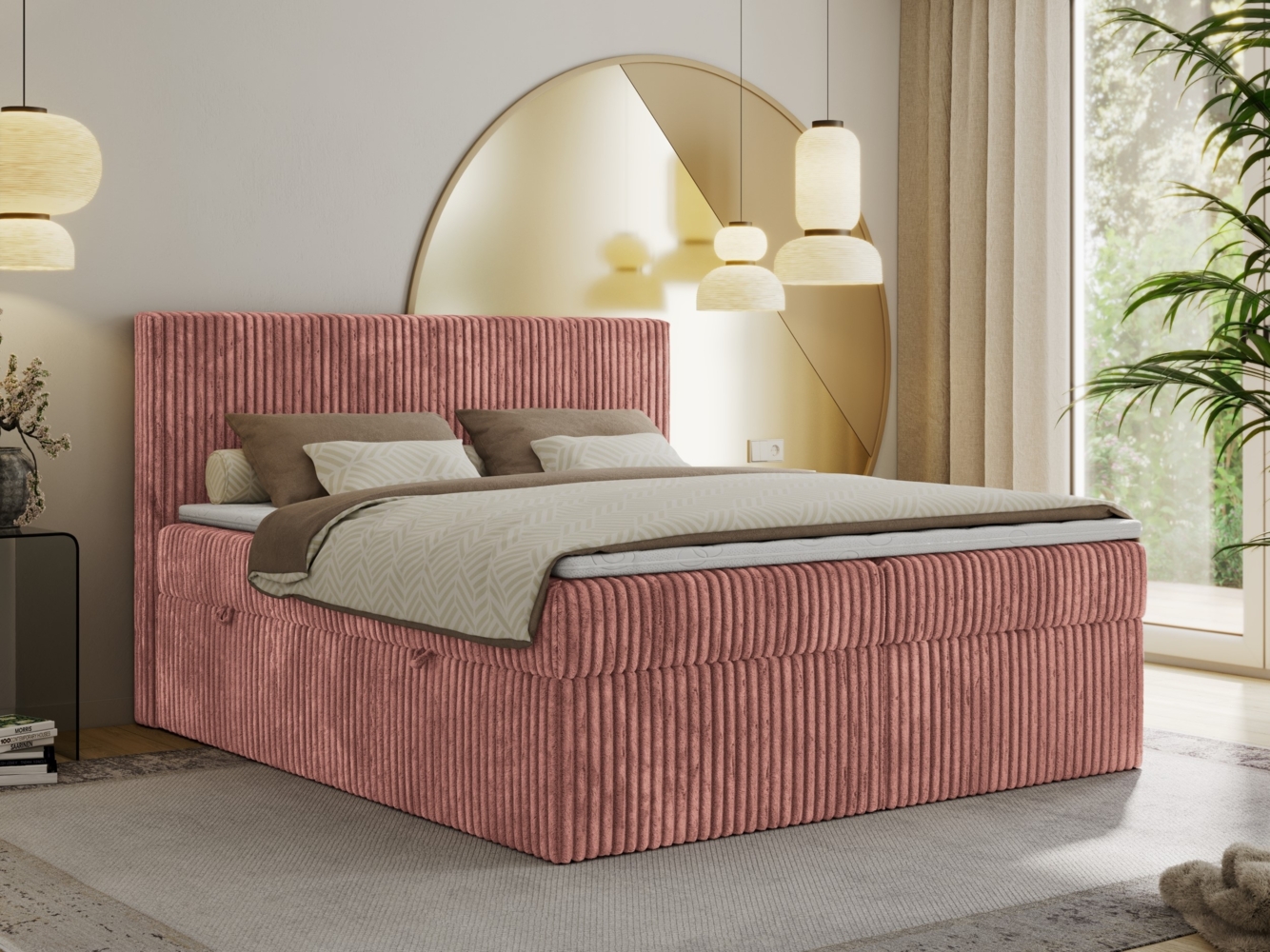 Boxspringbett mit Kopfteil und Topper, Cord Bett - TILIANO - 200x200 cm - Rosa Cord - H3 Bild 1