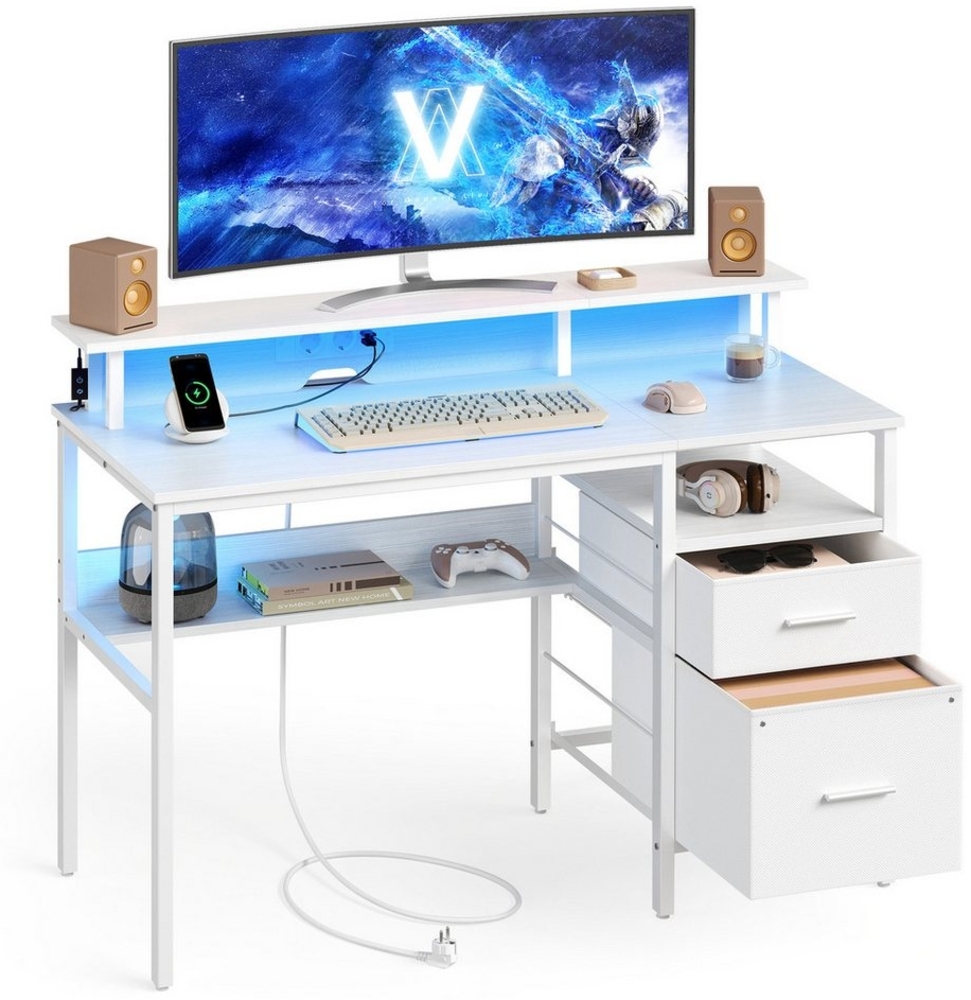 VASAGLE Schreibtisch mit Stoff-Schubladen, Computertisch mit Monitorständer, LED-Beleuchtung, 55 x 120 x 90 cm, eingebaute Steckdosen, 2 USB-A-Anschlüsse, für Homeoffice, ahornweiß Bild 1