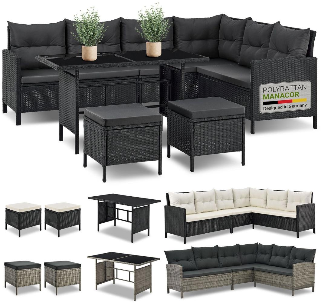 Juskys 'Manacor' Gartenlounge mit Sofa, Tisch, 2 Hocker & Kissen, bis 7 Personen, Polyrattan, schwarz/grau, 80 x 228 x 178 cm Bild 1