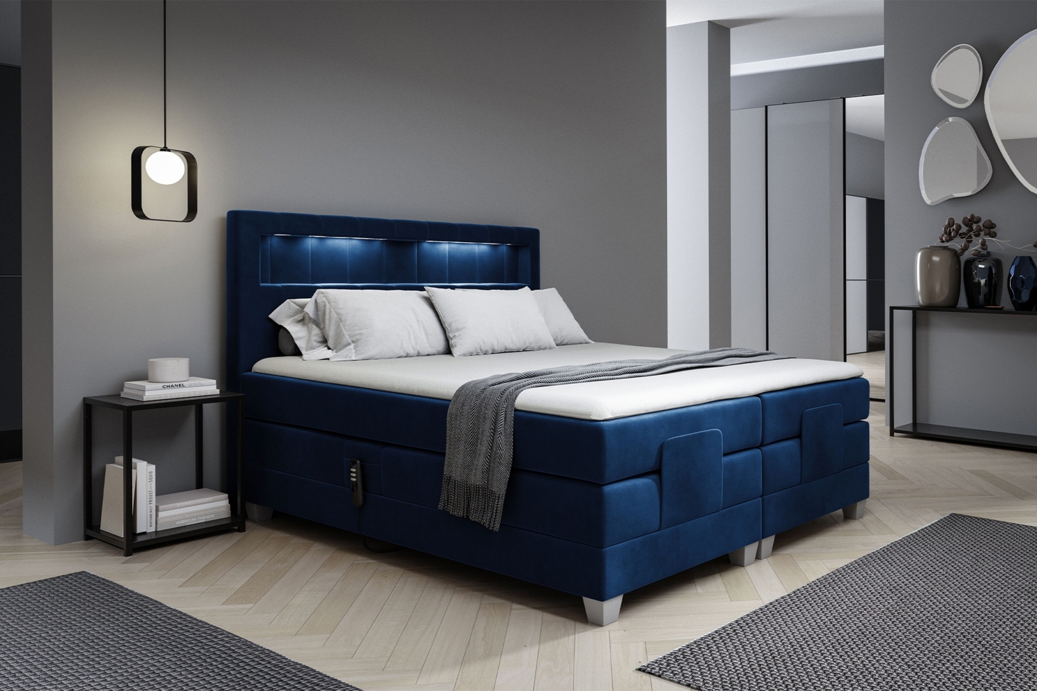 MEBLINI Boxspringbett Elektrisch ASPERO 140x200 cm mit Bettkasten und LED – H3/Blau Samt Polsterbett - Doppelbett mit Toppers & Taschenfederkern-Matratzen Bild 1