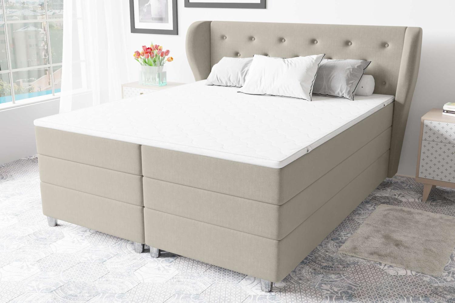 99rooms Helios Boxspringbett 160x200 cm Strukturstoff INARI Beige Bonell-Federung Bild 1