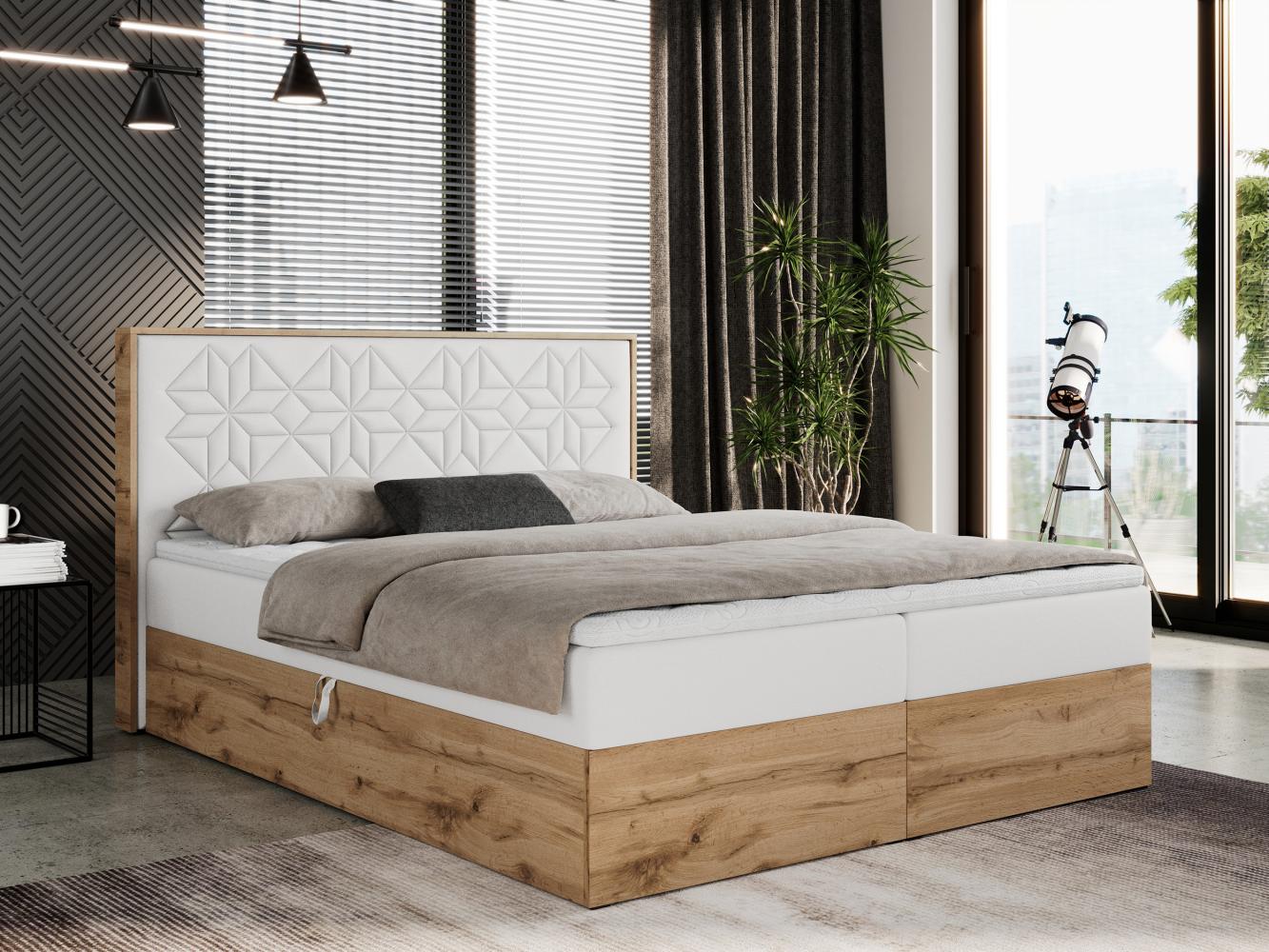 Boxspringbett mit Kopfteil und Topper, Polsterbett - NESSI - 200 x 200 cm - Weiß Kunstleder - H4 - Topper T25 Bild 1