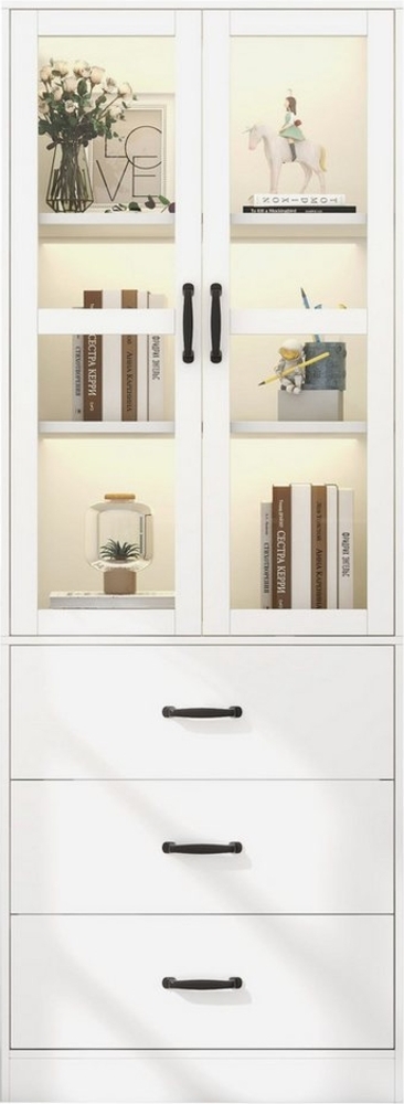 BlingBin Vitrine Hochschrank Standvitrine mit LED-Licht, Vitrinenschrank Bücherschrank (Vitrine mit 3 Schubladen und 2 Beweglichen Trennwänden, 2 Glastüren, 1-St, 60*40*200 cm, Gewichtskapazität: 50KG) Bücherregal-Robuste Konstruktion für Wohnzimmer, S... Bild 1