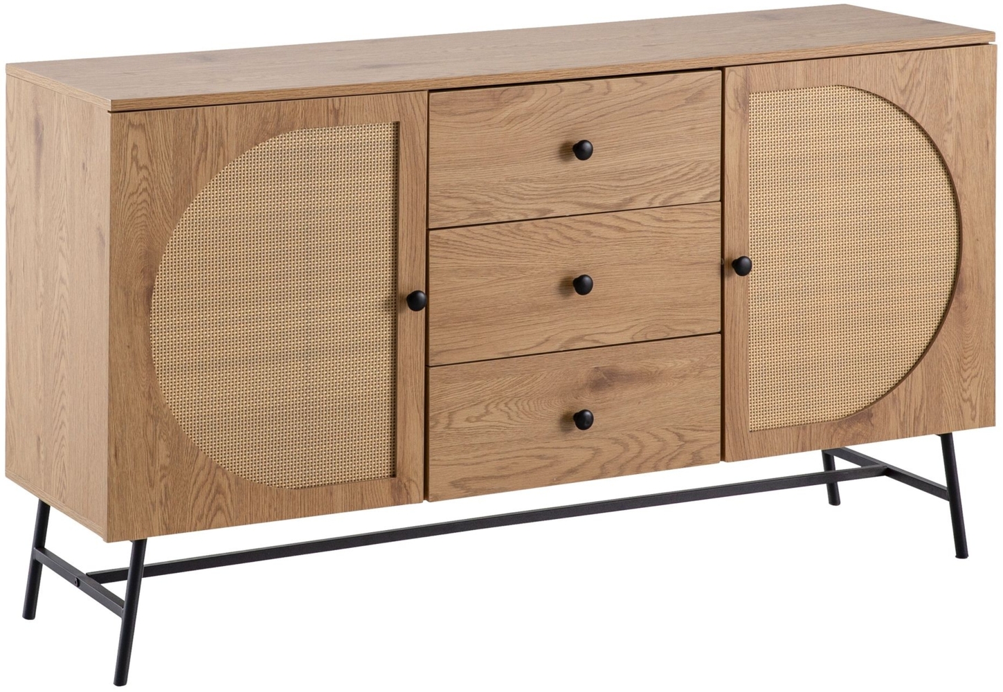 Sideboard 140x80x40 cm Kommode Eiche-Dekor mit Rattan Geflecht Modern, Hoher Kommodenschrank, Standschrank mit 2 Türen und 3 Schubladen, Anrichte Wohnzimmer Bild 1