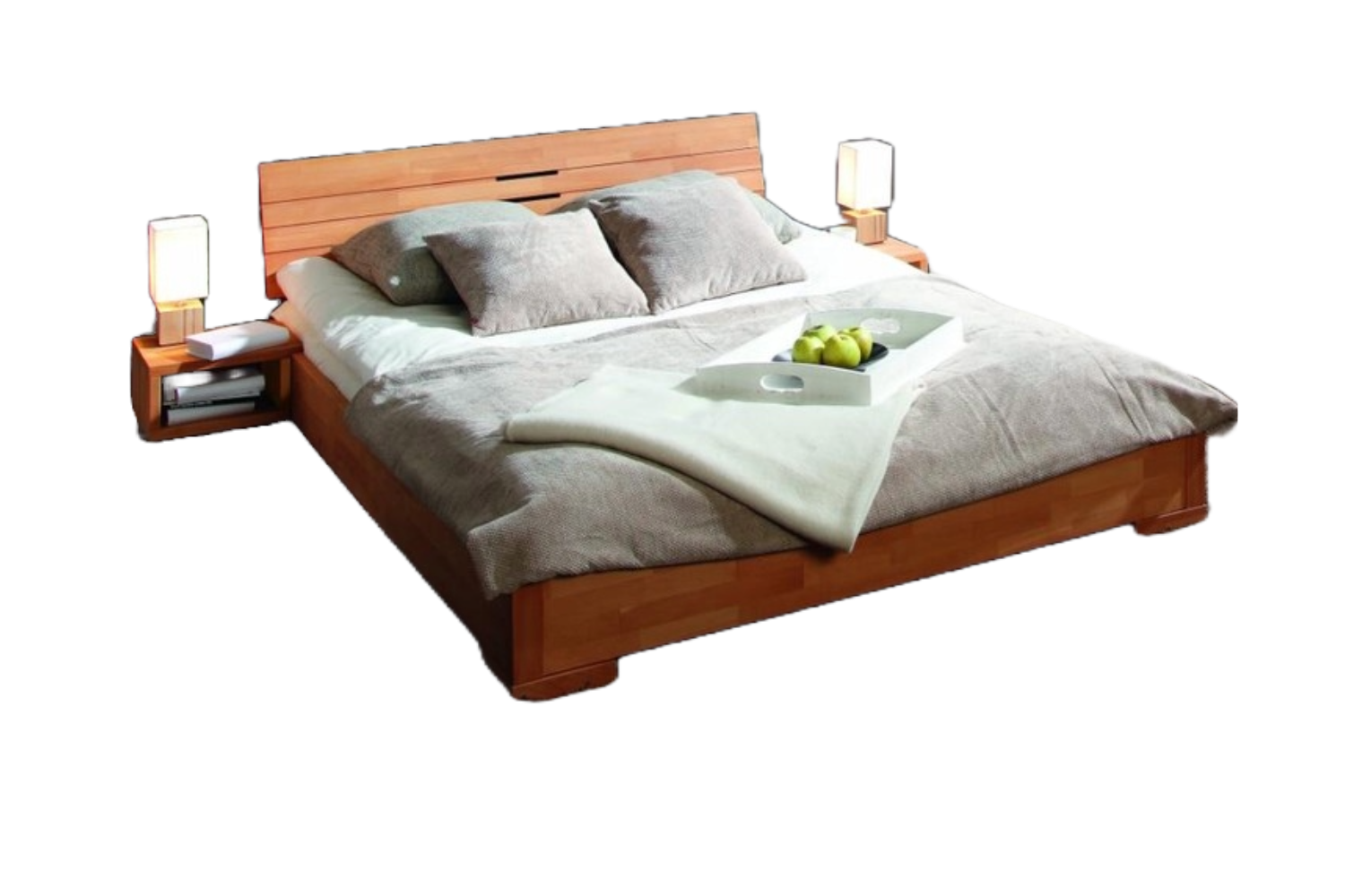 Bett Bento 10 aus Kernbuche massiv 200x200 cm mit Holzkopfteil und Holzbeinen Bild 1