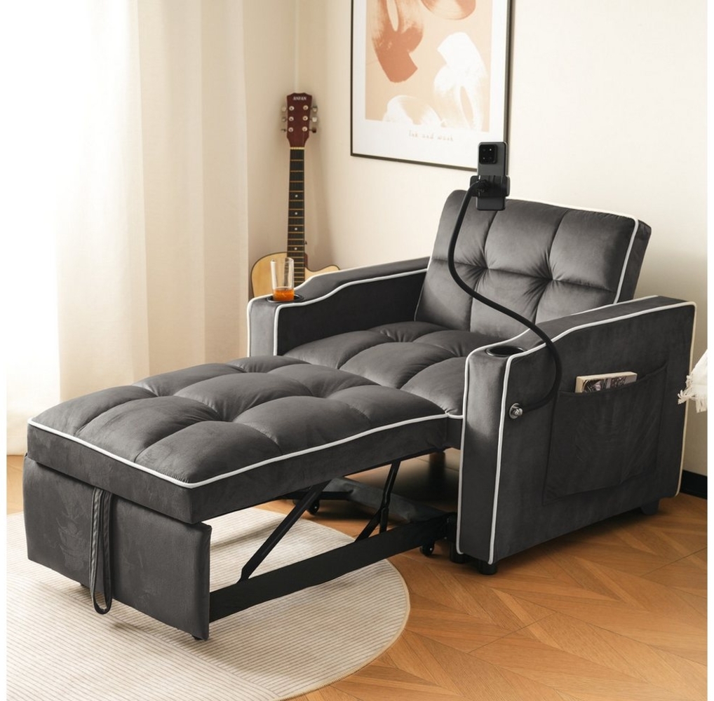 Merax Schlafsofa mit 3-in-1 Bettfunktion, Loungesessel mit Getränke- & Handyhalter, Ausziehbares Sofa Liegestuhl Bild 1