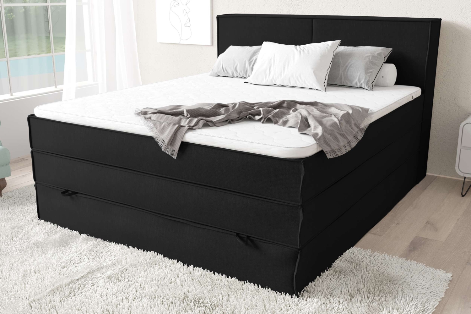 99rooms Santiago Boxspringbett Schwarz Strukturstoff INARI 120x200 cm Taschen-Federung Bild 1