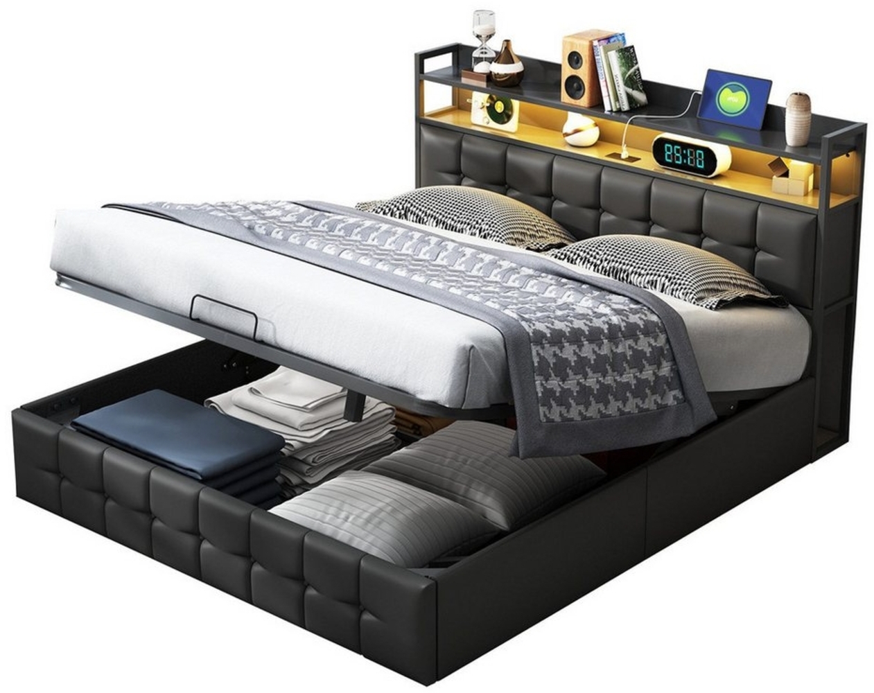 FUROKOY Polsterbett LED-Beleuchtung Hydraulisches Doppelbett (1-tlg, Kunstleder,140x200cm mit Ladefunktion (USB-und Typ-C) und Bettstauraum), ohne Matratze Bild 1