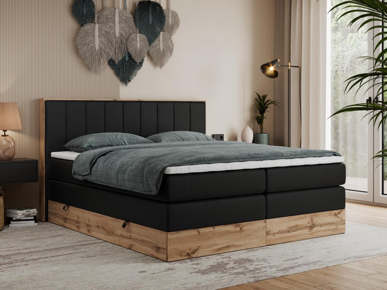 Boxspringbett BELLISSIMO KING, Doppelbett mit Multipocket-Matratze, Polsterbett mit Kopfstütze - 160 x 200 cm - Schwarz Kunstleder - H3 Bild 1