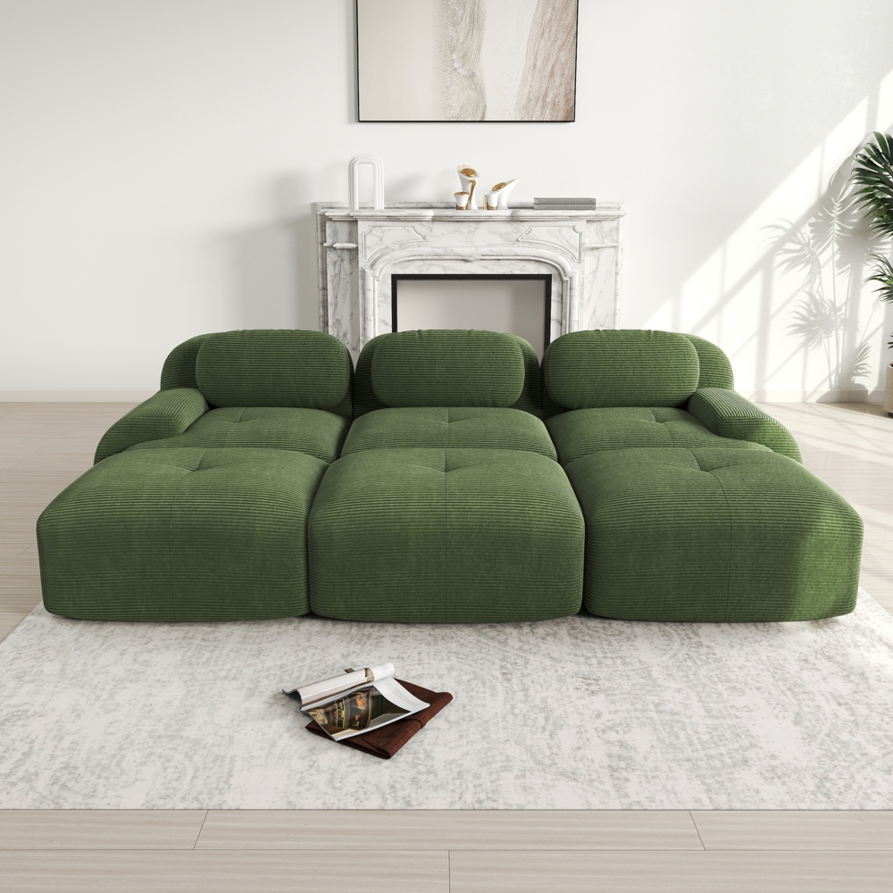 3-Sitzer-Sofa, Modulares mit 3 Hockern aus Cordstoff montagefreie Lieferung haustierfreundlich ultra-breite Armlehnen 32D hochelastische Polsterung für Wohnzimmer und Heimkino, Cordstoff, Green Bild 1