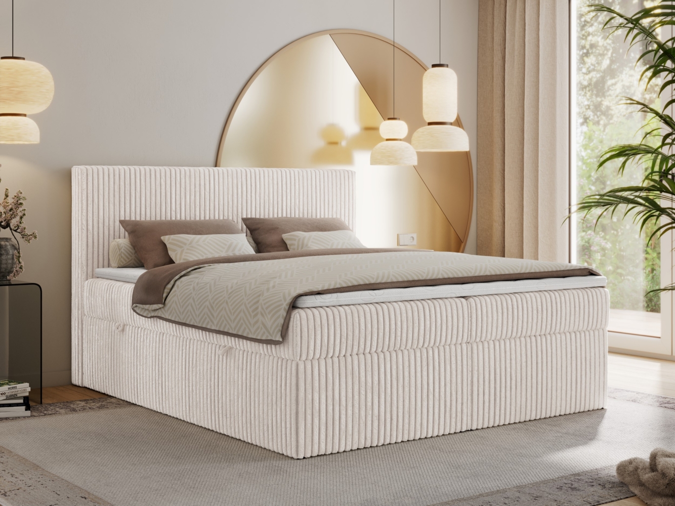 Boxspringbett mit Kopfteil und Topper, Cord Bett - TILIANO - 140 x 200 cm - Beige Cord - H4 Bild 1