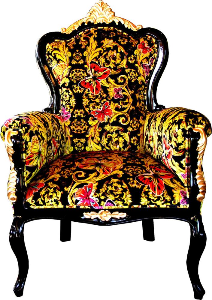 Pompöös by Casa Padrino Luxus Barock Sessel Bergere Butterfly & Flower Design / Schwarz / Gold - Pompööser Barock Sessel designed by Harald Glööckler Bild 1