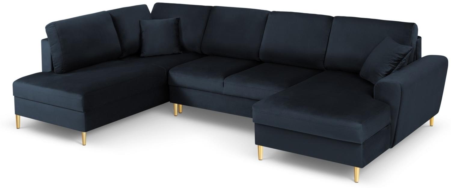 Micadoni 7-Sitzer Samtstoff Panorama Sofa Links mit Box und Schlaffunktion Moghan | Bezug Dark Blue | Beinfarbe Gold Met... Bild 1