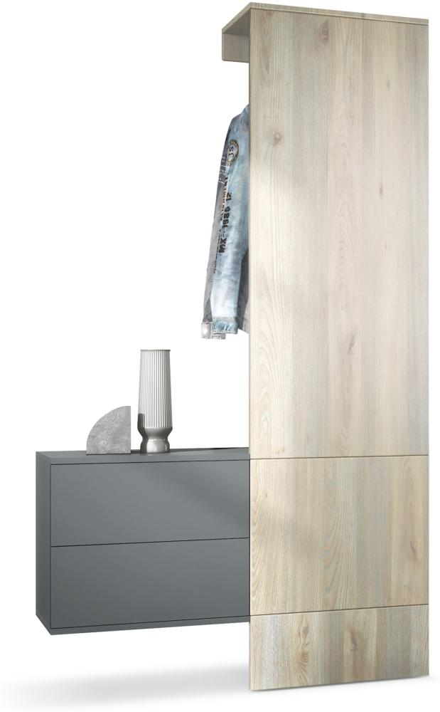 Garderobe Carlton Set 2, Wandgarderobe aus Deko-Paneel & hängender Schubladen-Kommode, Anthrazit matt/Eiche Nordic (105 x 193 x 35 cm) Bild 1