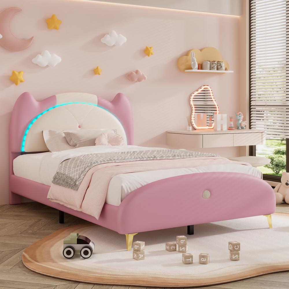 Merax Polsterbett Kinderbett Einzelbett 90x200cm mit LED-Streifen und Eck-Form Kopfteil, Beige+Rosa Bild 1