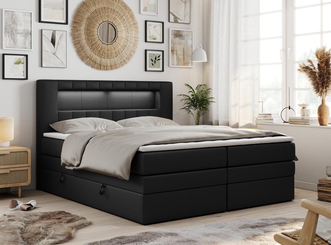 Boxspringbett mit LED Kopfteil und Topper - GOLD-5-KING - 180x200cm - Schwarz Kunstleder - H4 Bild 1