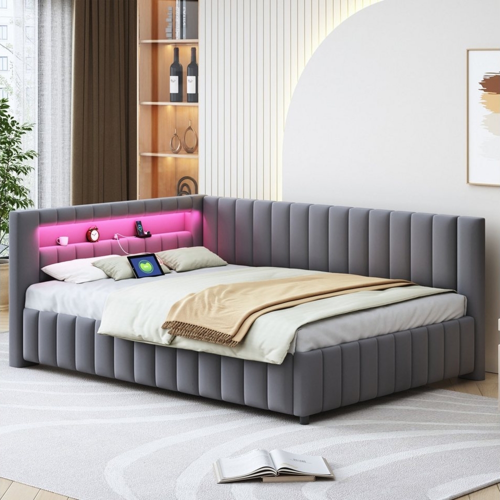 OKWISH Schlafsofa Daybett Tagesbett Doppelbett Stauraumbett Kinderbett Polsterbett, mit LED-Licht, USB-Ladeanschluss und Samtbezug – Perfekt für Wohnzimmer & Gästezimmer, Ohne Matratze Bild 1