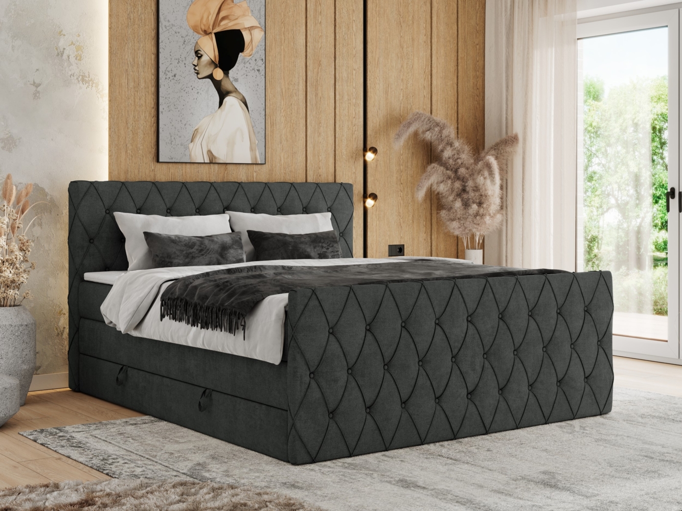 Boxspringbett, Doppelbett mit Fußteil, Multipocket-Matratzen und Topper, gestepptes Kopfteil und Front - MIREN KING DUO - 160x200 cm - Dunkelgrau Struktur - H4 Bild 1