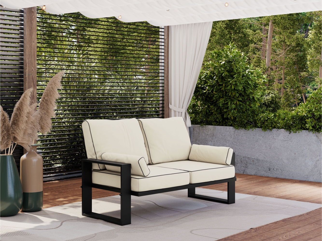 Outdoor 2-Sitzer Gartensofa, schwarze Metallbeine, Gartensofa für die Terrasse - ELBA S2 - beige Bild 1