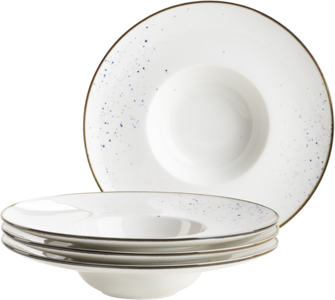 MSER Serie Pintar, hochwertiges Gourmetteller-Set, 4-teilig mit 26 cm, breiter Tellerrand, mit heller Glasur, visuellen blauen Sprenkeln und feinem Rand im Vintage Look, Porzellan Bild 1