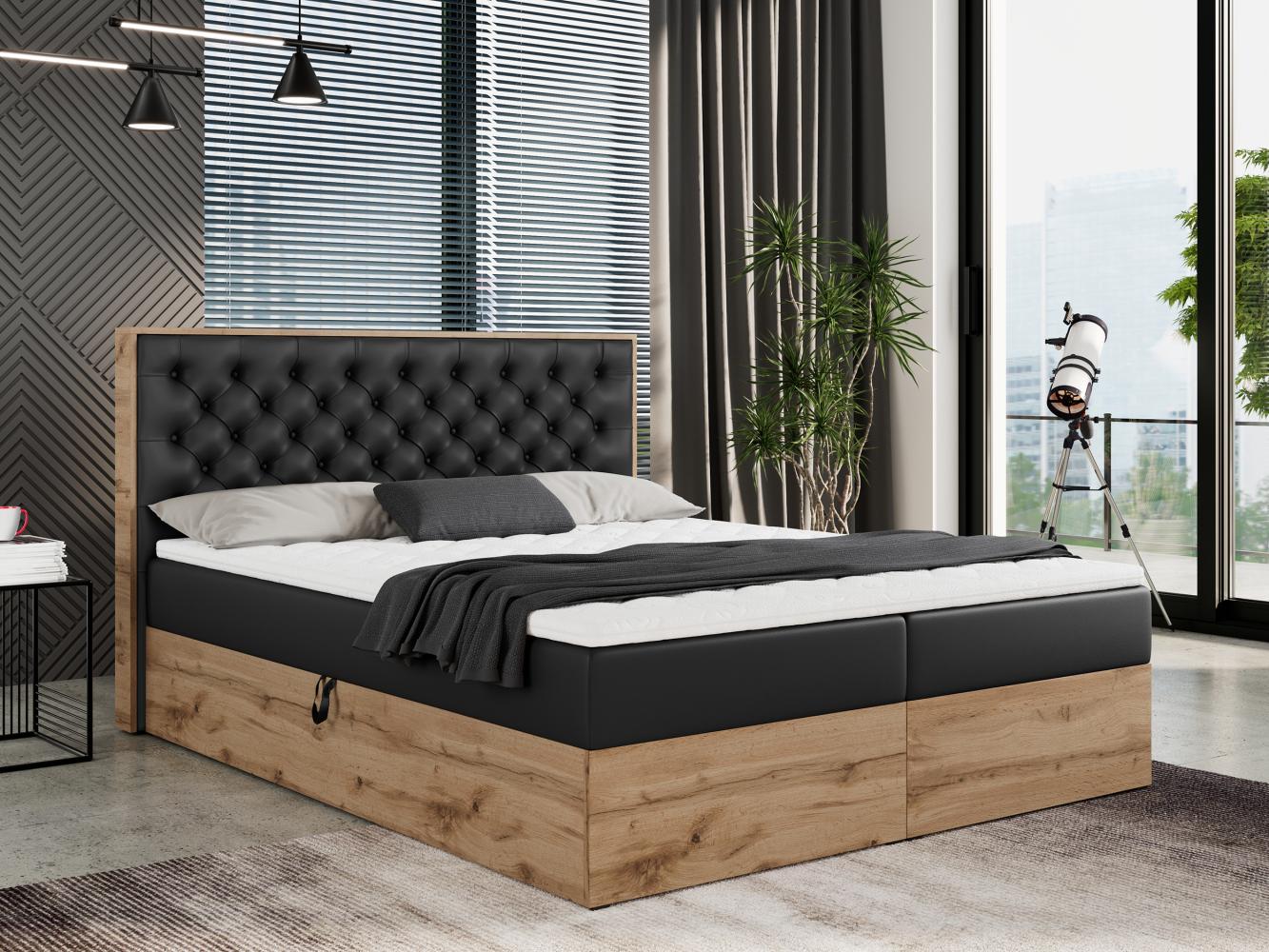 Boxspringbett mit Multipocket-Matratze und Zwei Bettkästen, Doppelbett mit Stauraum - ALBERO 3 - 200 x 200 cm - Schwarz Kunstleder - H4 Bild 1