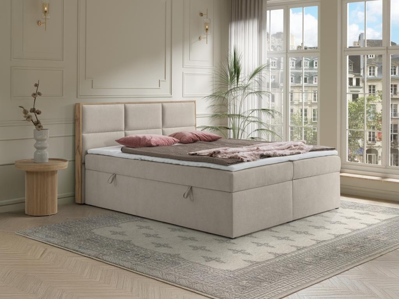 Vente-unique - Deko-Komplett-Set mit Kopfteil mit Holzrahmen + Bettgestell mit Bettkasten + Matratze + Topper - 180 x 200 cm - Stoff - Beige - SIAKI von YSMÉE Bild 1