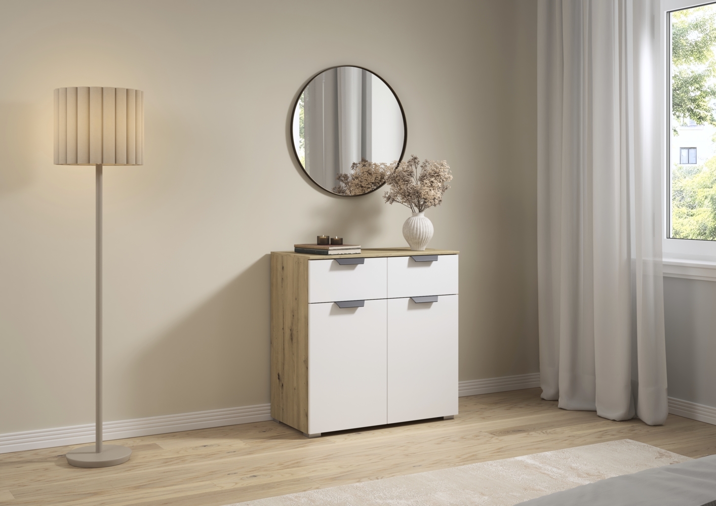 rauch Aditio Box, Kommode, 2-türig, 2 Schubladen, mit Softclose-Funktion, Farbe Weiß/Eiche Artisan, BxHxT 80x81x42cm Bild 1