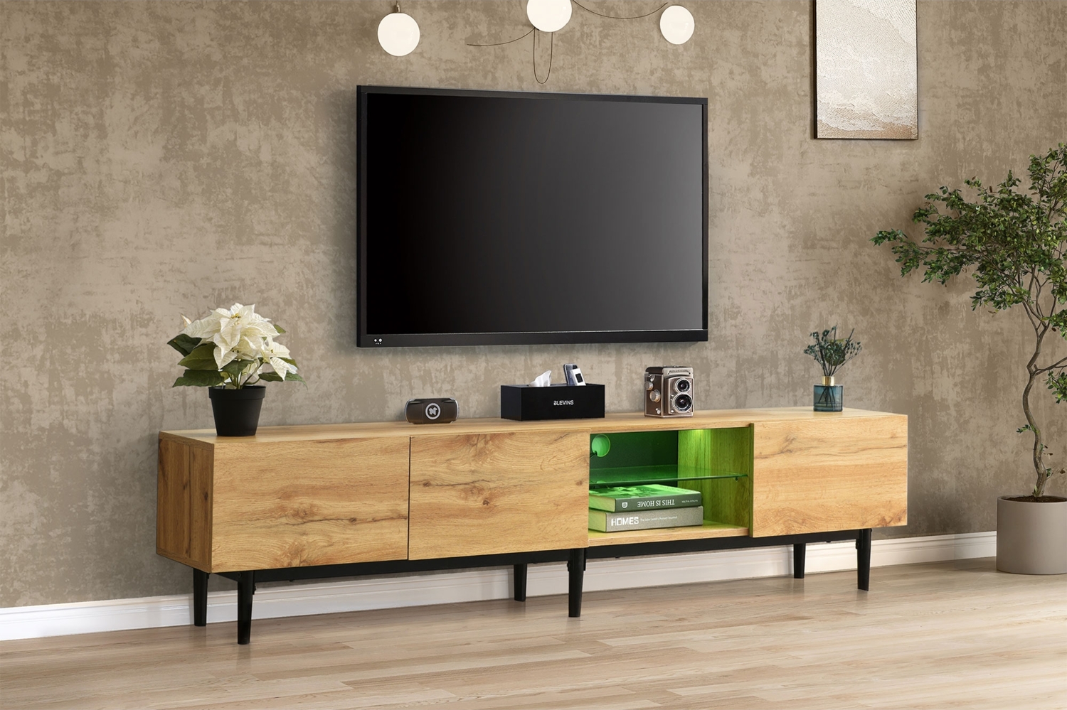 Moderner TV-Schrank mit Holzmaserung,Holzfarbe,175×31×41 cm,modernes Design, viel Stauraum Bild 1