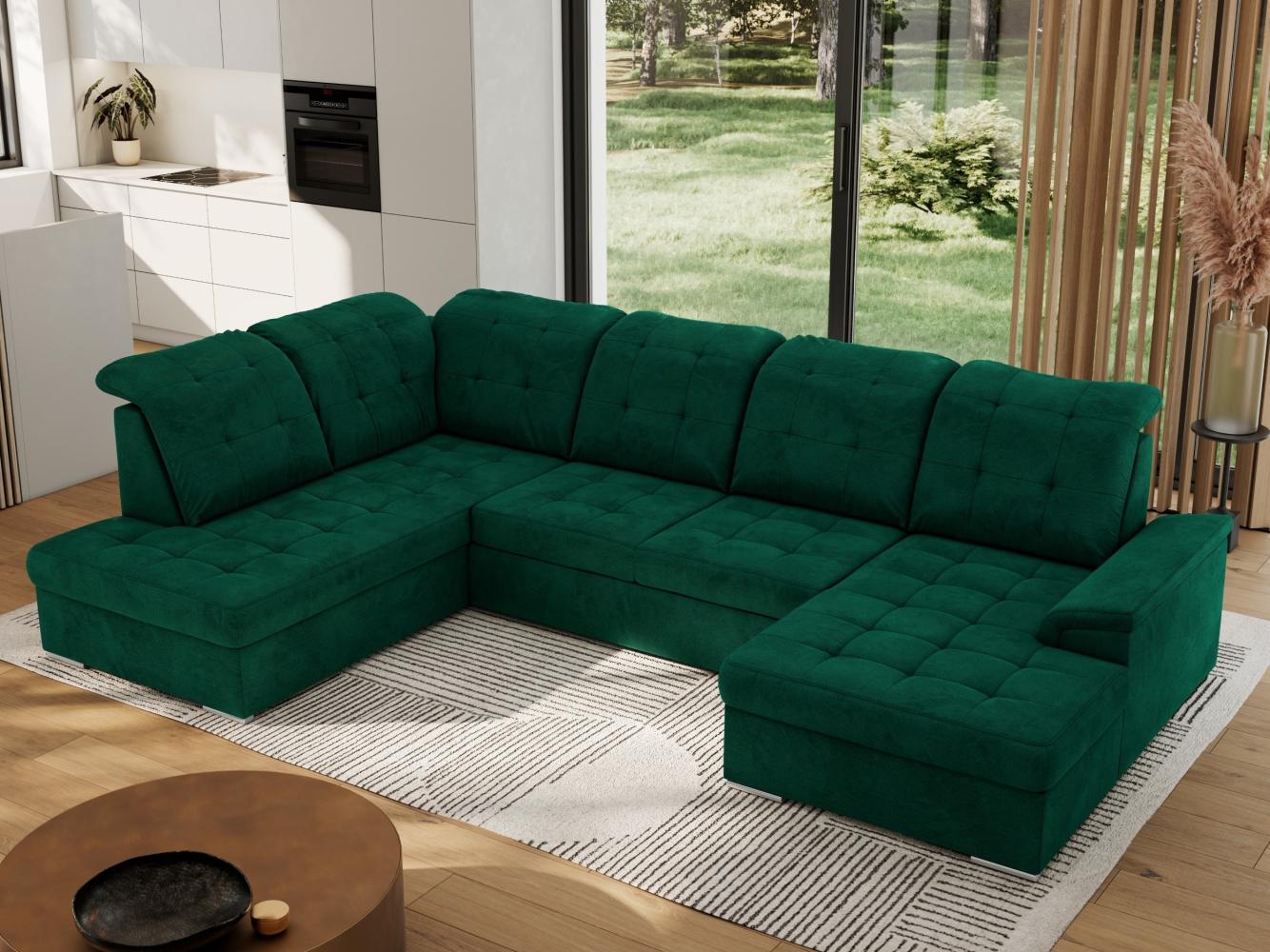 Ecksofa, Wohnzimmer U Couch, Polstersofa mit Bettkasten - MADRITO U - DunkelGrün Velorus - Links Bild 1