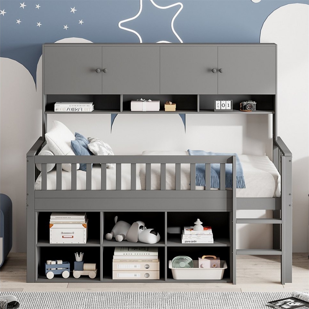 XDeer Kinderbett Kinderbett aus Holz 90*200 cm, mit Staufach, mit Schließfächern, und Sicherheitsleiter, Einzelbett, Kinderbett, grau Bild 1