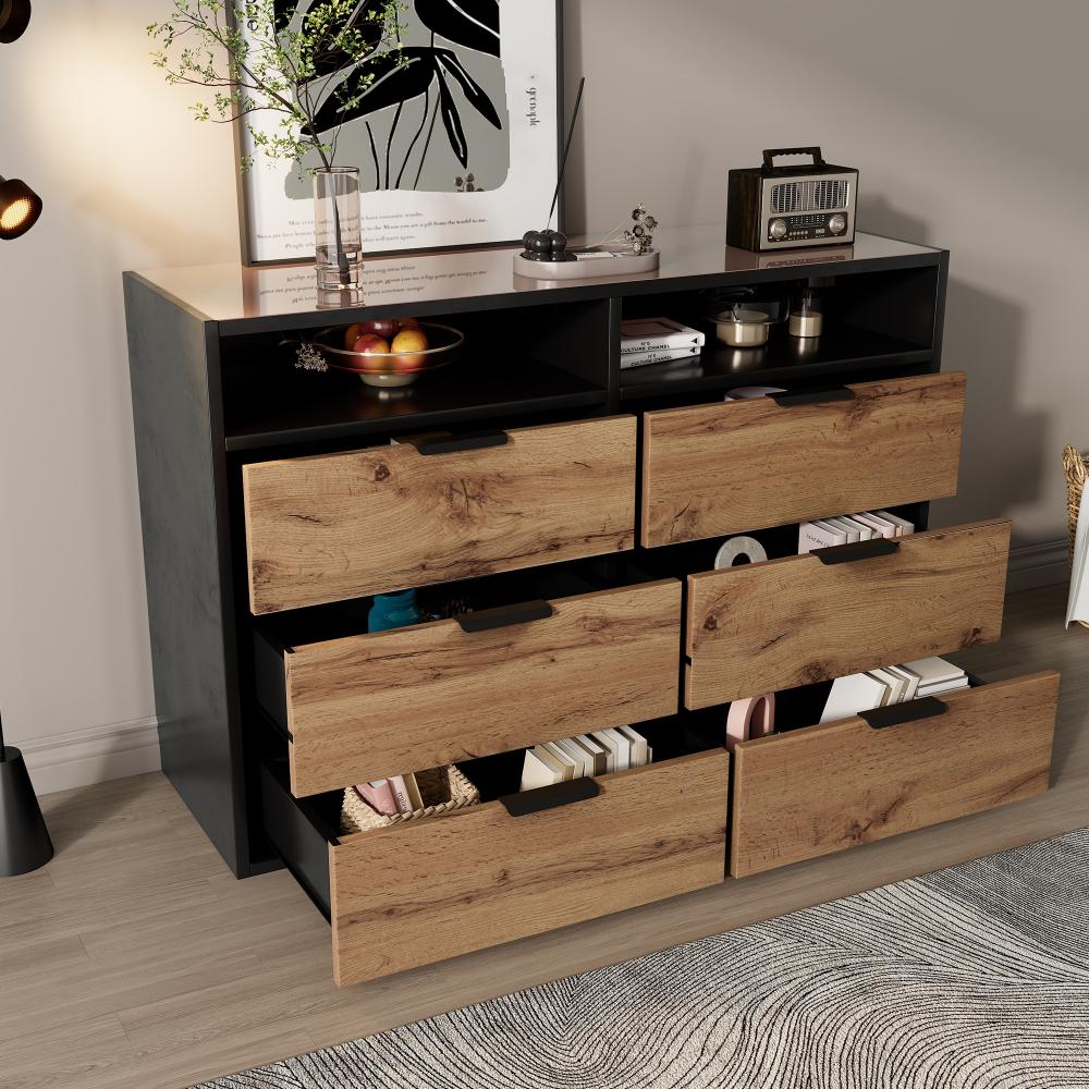 Merax Kommode Sideboard aus Bernstein Glas, Sideboard mit Metallgriffen, Kommode mit 6 Schubladen und 2 Fächern , kippsicher, 120 x 40 x 80 cm, Eiche Bild 1