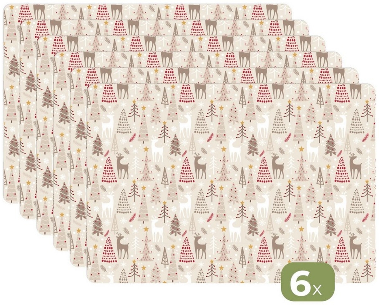 MuchoWow Platzset Weihnachtsbaum - Rentier - Beige - Muster - Weihnachten, (6-St), Platzsets, Tischset, Abwaschbar, Tischsets, Platzdeckchen Bild 1