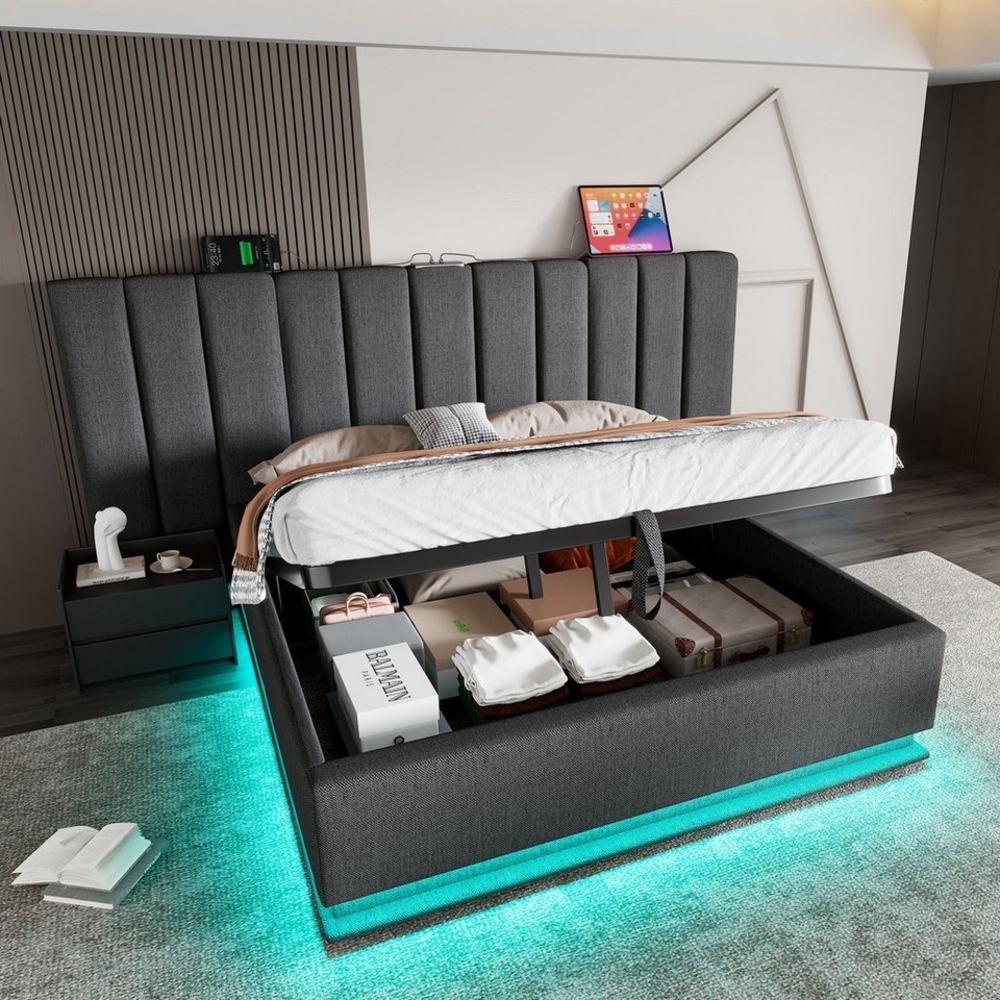 Ulife Polsterbett Doppelbett Stauraumbett mit App Control LED und USB-C Ladefunktion (Ohne Matratze), 180x200cm Bild 1