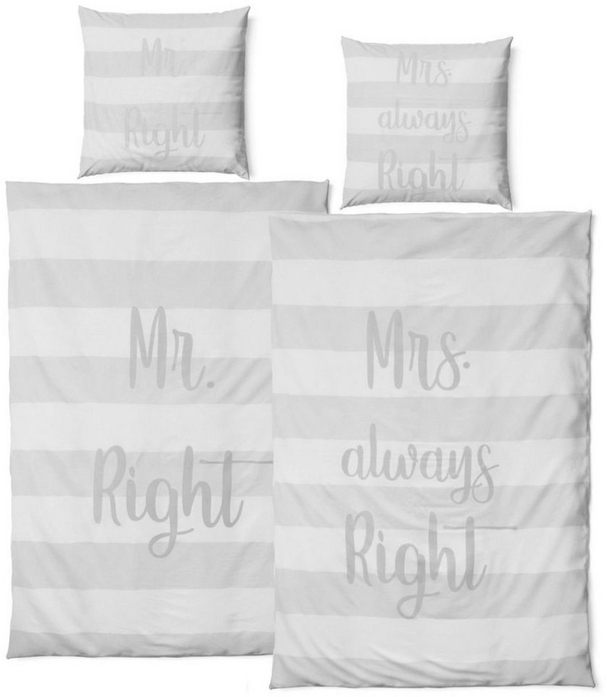 JACK Bettwäsche 4 tlg Satin Bettwäsche Partnerbettwäsche Mr. Right + Mrs. always Right, Satin, 4 teilig, Modernes Design, Kuschelbettwäsche, Silber / Grau / Weiß Bild 1