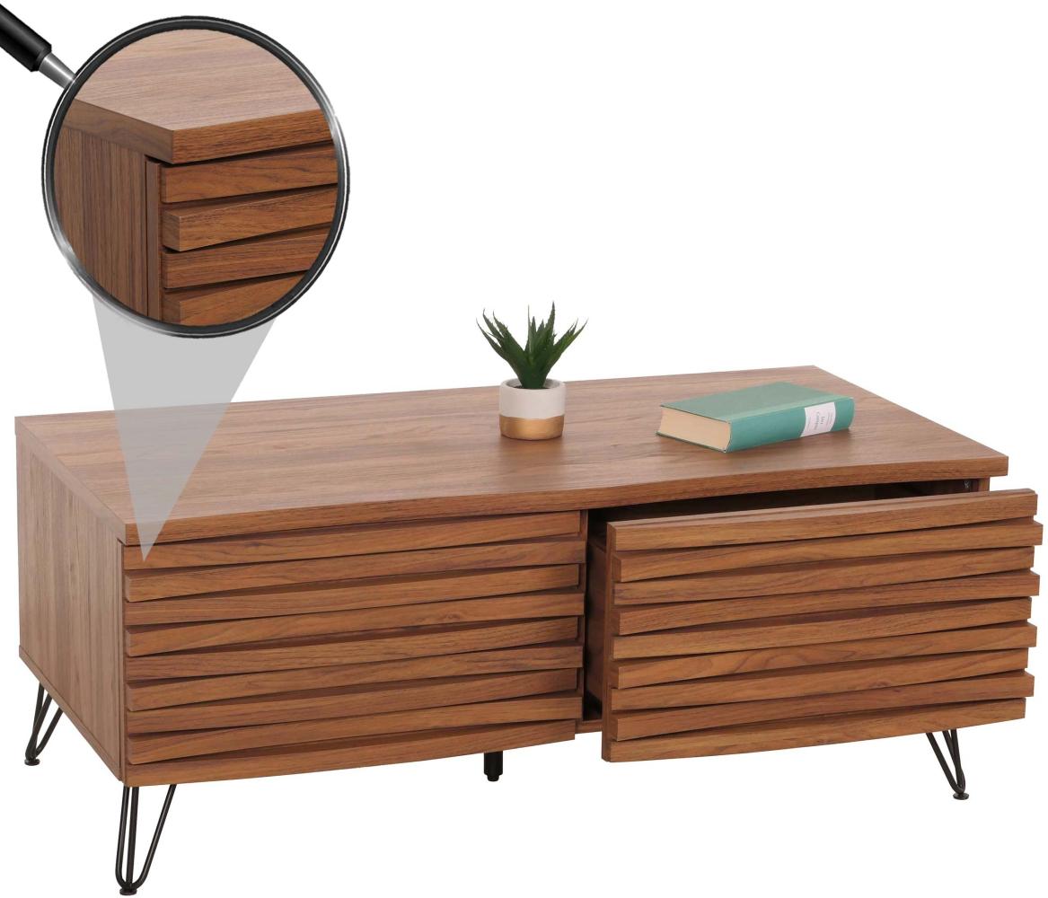 Couchtisch HWC-M49, Wohnzimmertisch Tisch, 3D-Design 2 Schubladen Massiv-Holz Mango Metall 46x110x55cm ~ Walnuss-Optik Bild 1