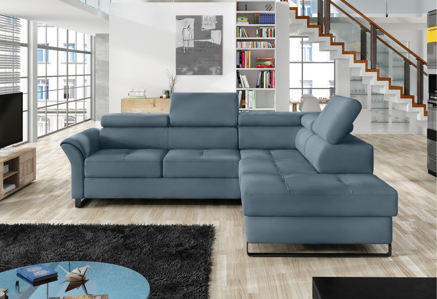 Stylefy Aventine Ecksofa Strukturstoff Pastellblau Rechts Bild 1