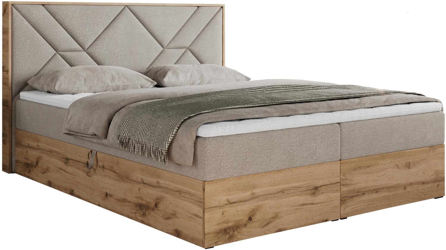 Boxspringbett mit Kopfteil und Topper, Polsterbett - GUNAR - 120 x 200 cm - Beige Stoff - H4 - Topper Visco Bild 1