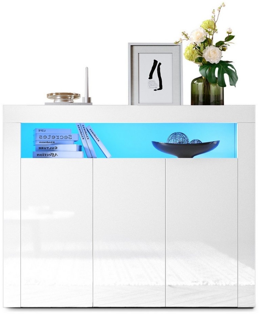 SONNI Kommode Sideboard Weiß Hochglanz mit LED Beleuchtung, Wohnzimmer Bild 1