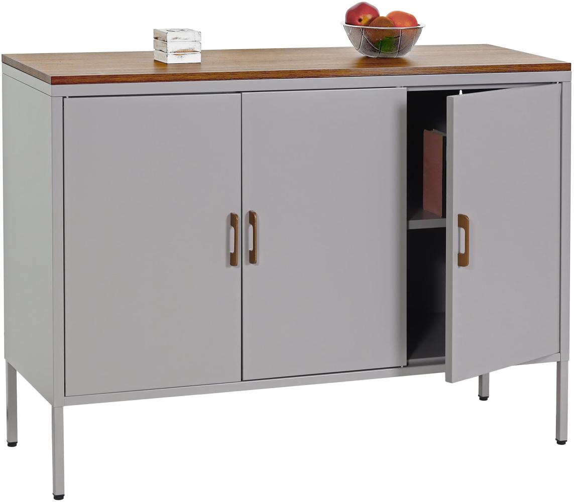 Kommode HWC-L84, Sideboard Schrank Anrichte, 3 Türen Metall 90x120x40cm, Melamin beschichtet ~ grau Bild 1