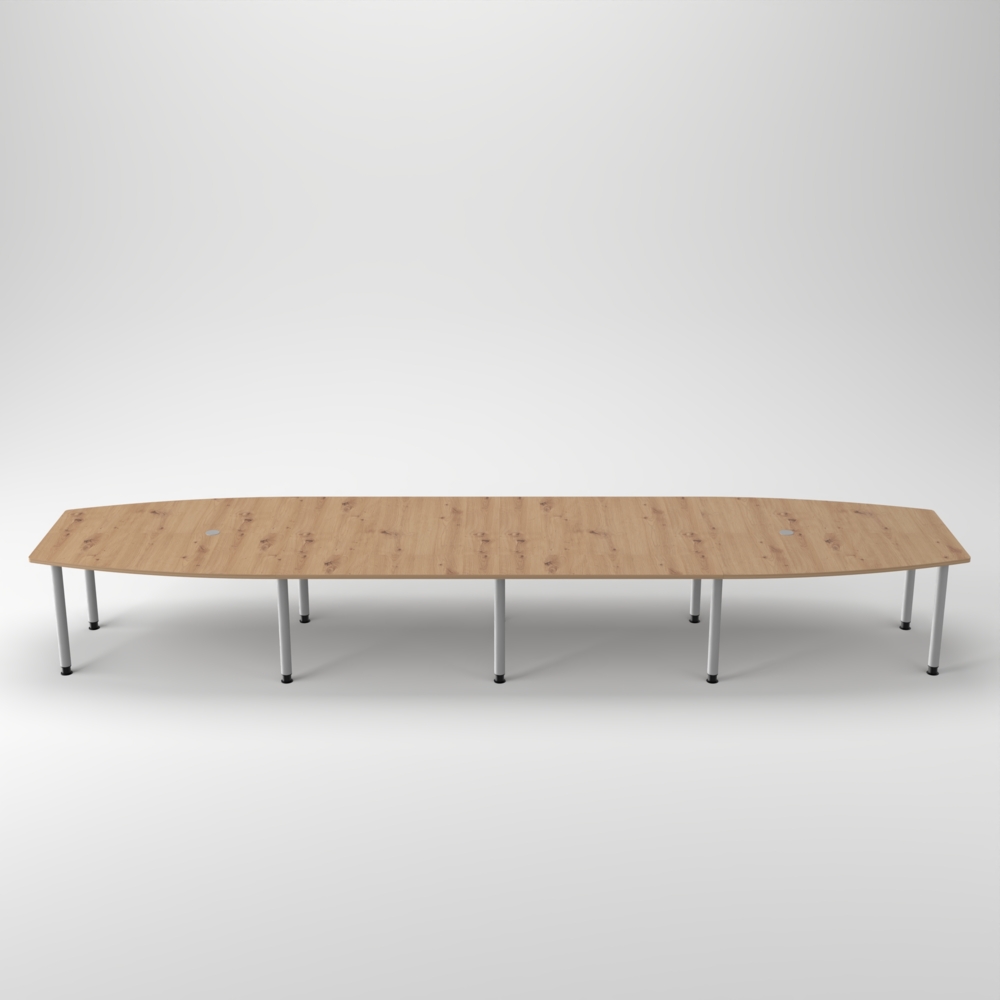 Rheinland Möbel Konferenztisch KONTI 520x130 cm – ovaler Besprechungstisch in Asteiche mit silbernen Rundrohrfüßen & 2 Kabelauslässen, erweiterbarer Meetingtisch für 16–18 Personen, moderner XXL-Tisch fürs Büro Bild 1