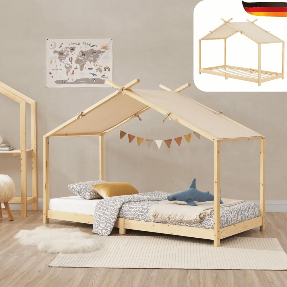 DELUKE® Kinderbett 90x200 KALI - mit Matratze Lattenrost Haus-Optik mit DachEinzelbett aus Holz Hausbett Kinderzimmer Montessori Bett Braun Bild 1