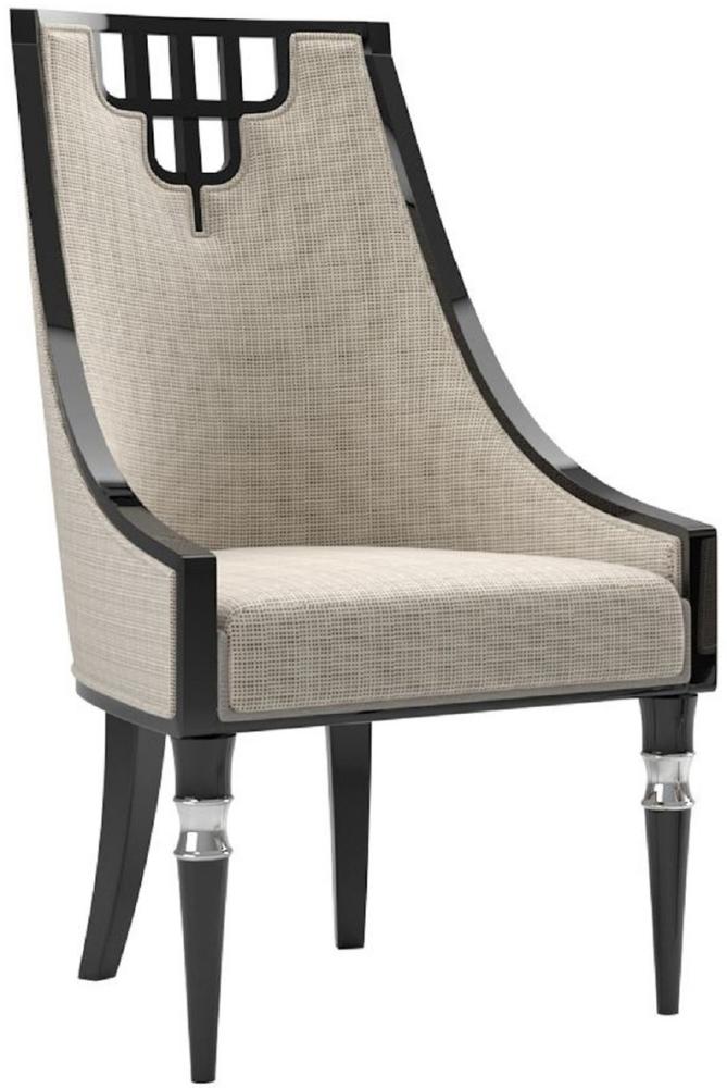 Casa Padrino Luxus Art Deco Esszimmerstuhl Beige / Schwarz / Silber - Handgefertigter Massivholz Küchenstuhl - Edle Art Deco Esszimmer Möbel Bild 1