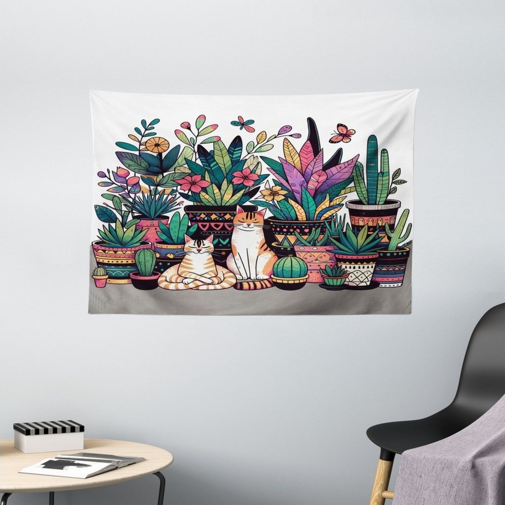 Abakuhaus Wandteppich Wohnzimmer Schlafzimmer Wandtuch Seidiges Satin Wandteppich, rechteckig, Katze Moderne Blumen und Kätzchen Bild 1